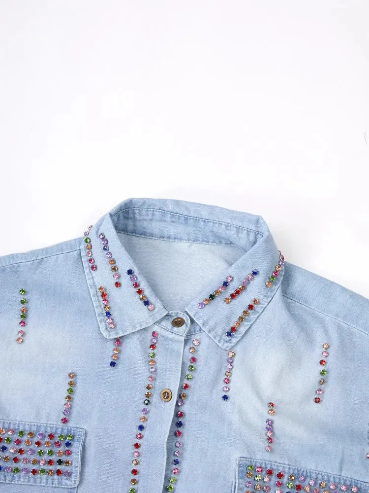 Pre Order:  Multicolor Rhinestones Denim Shirt