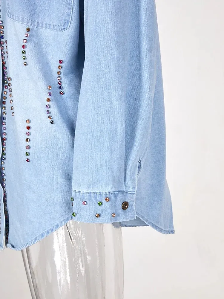 Pre Order:  Multicolor Rhinestones Denim Shirt