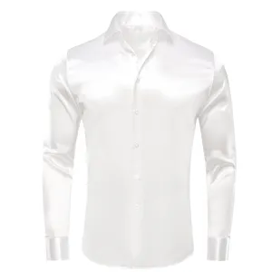 Pure White Solid Silk Men's Long Sleeve Shirt