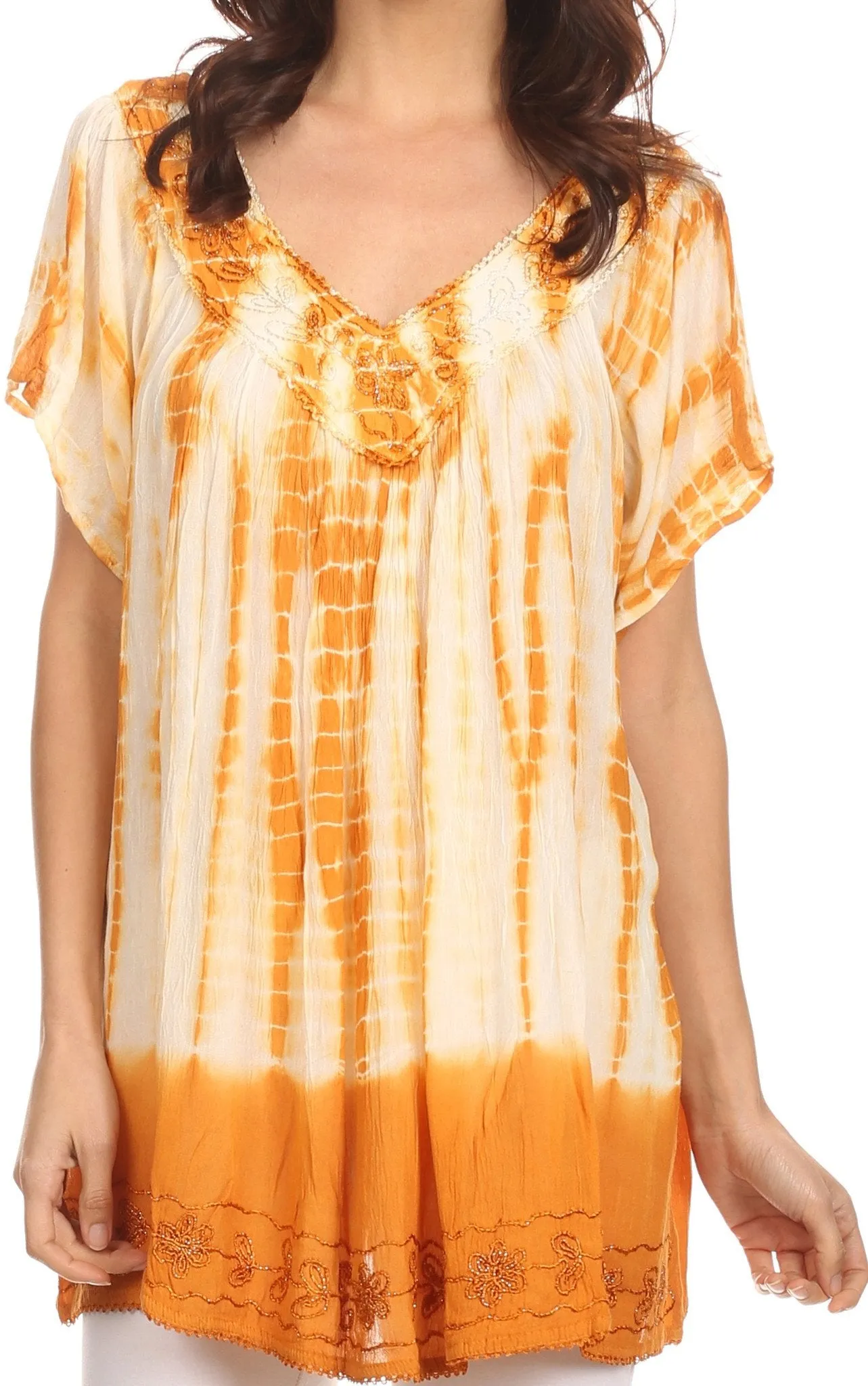 Sakkas Bee Embroidered V-Neck Blouse Shirt Top With Tie Dye Floral Embroidery