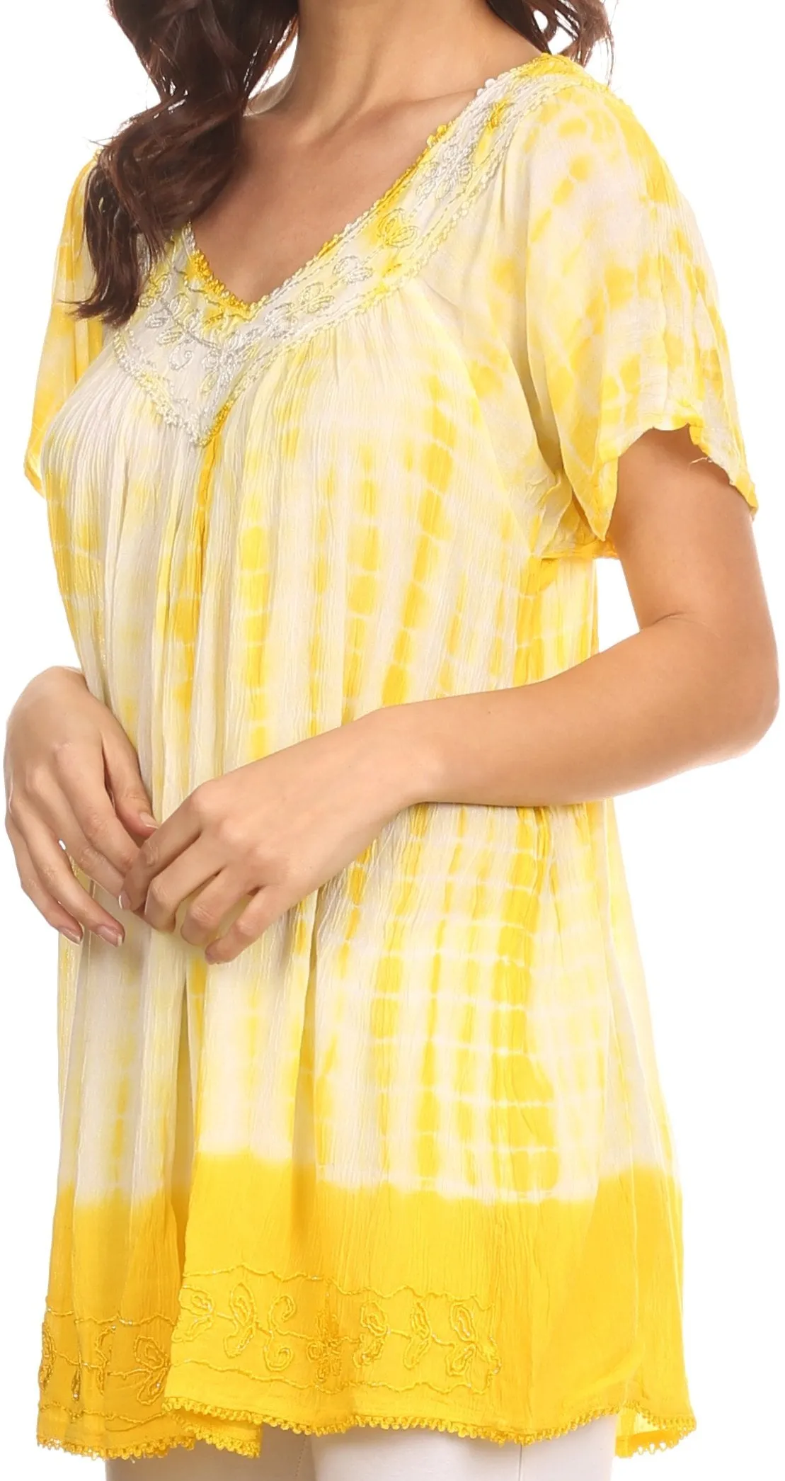 Sakkas Bee Embroidered V-Neck Blouse Shirt Top With Tie Dye Floral Embroidery