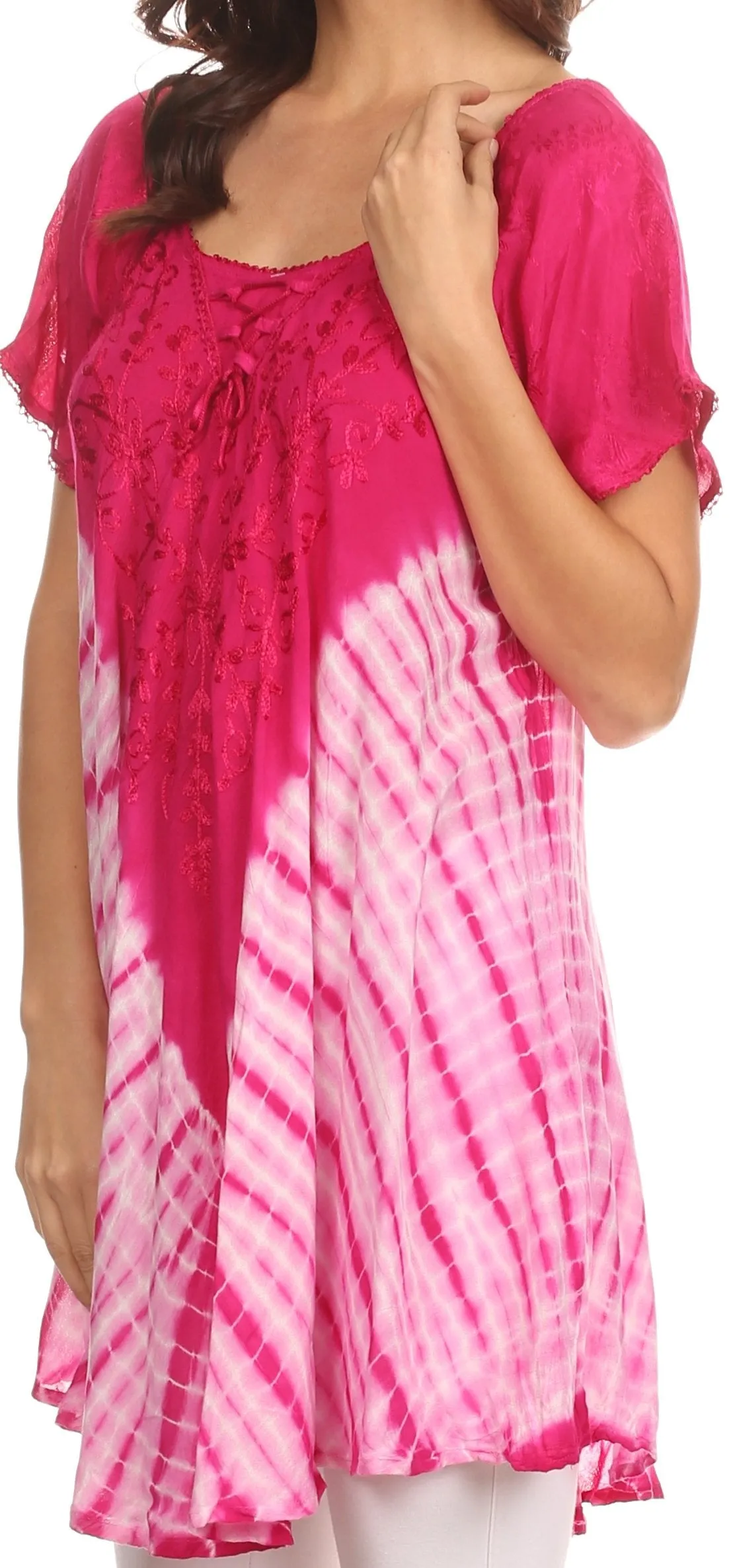 Sakkas D7037 - Cara Wide Embroidered Top Blouse Shirt With Crochet Neck Draped Cap Sleeves - Fuscia - OS