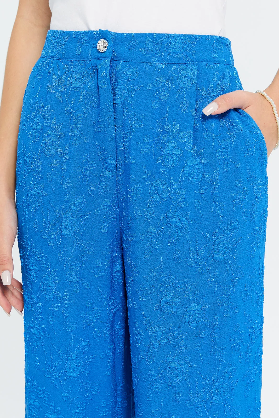 Senior Girls Blue Jacquard Wide Fit Pants