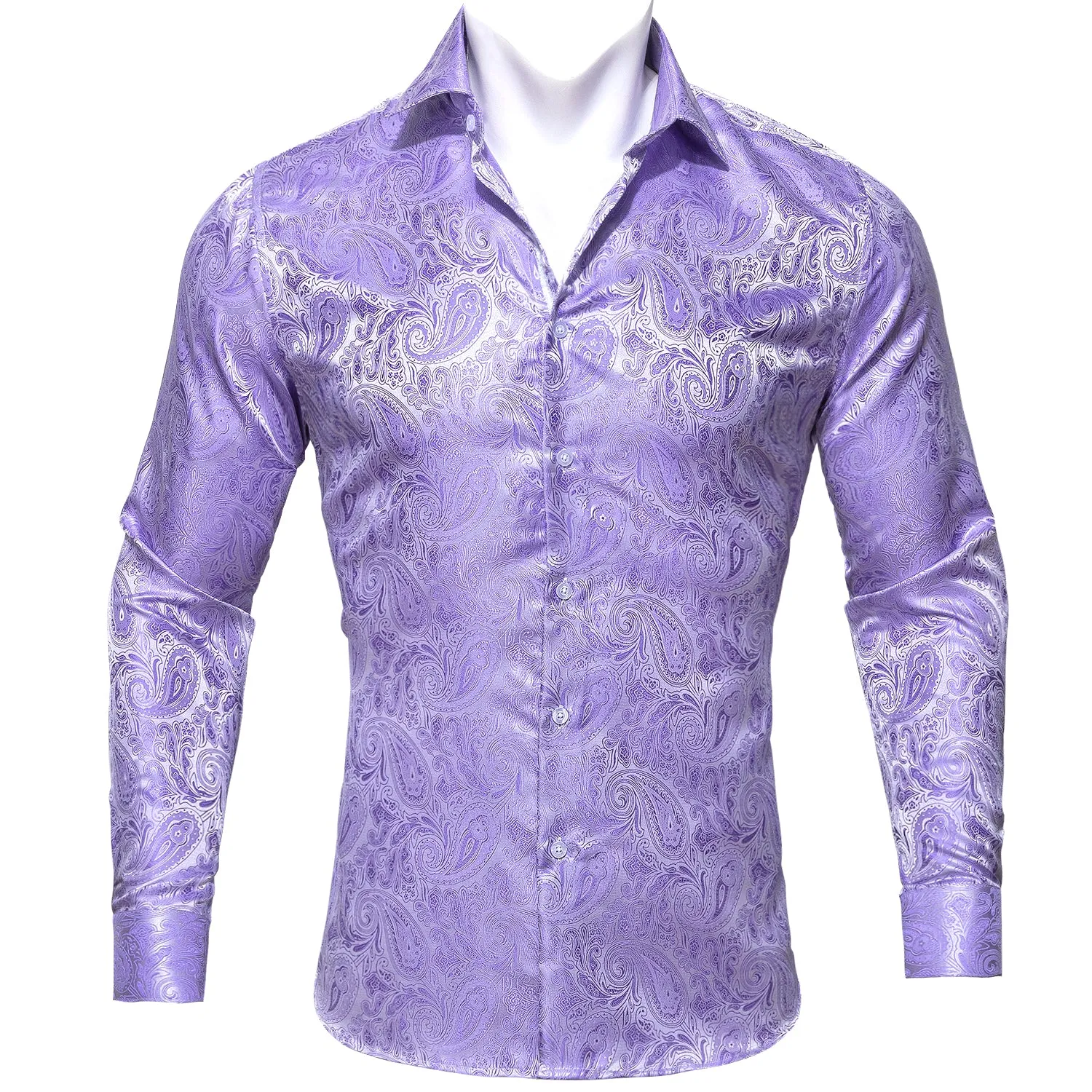 Silver Purple Paisley Style Silk Men's Long Sleeve Shirt