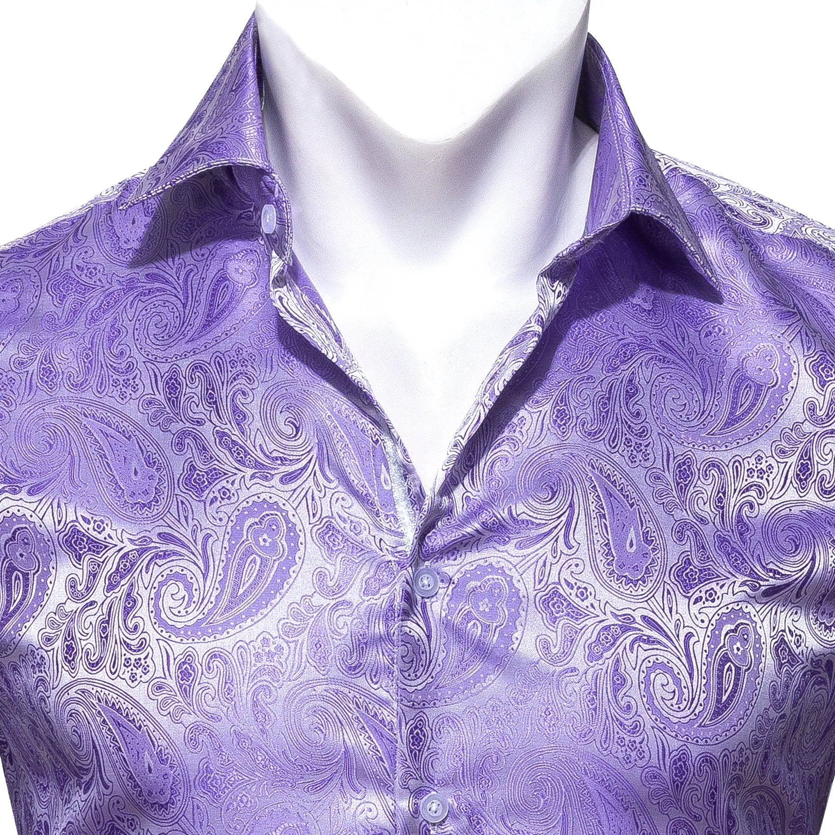 Silver Purple Paisley Style Silk Men's Long Sleeve Shirt