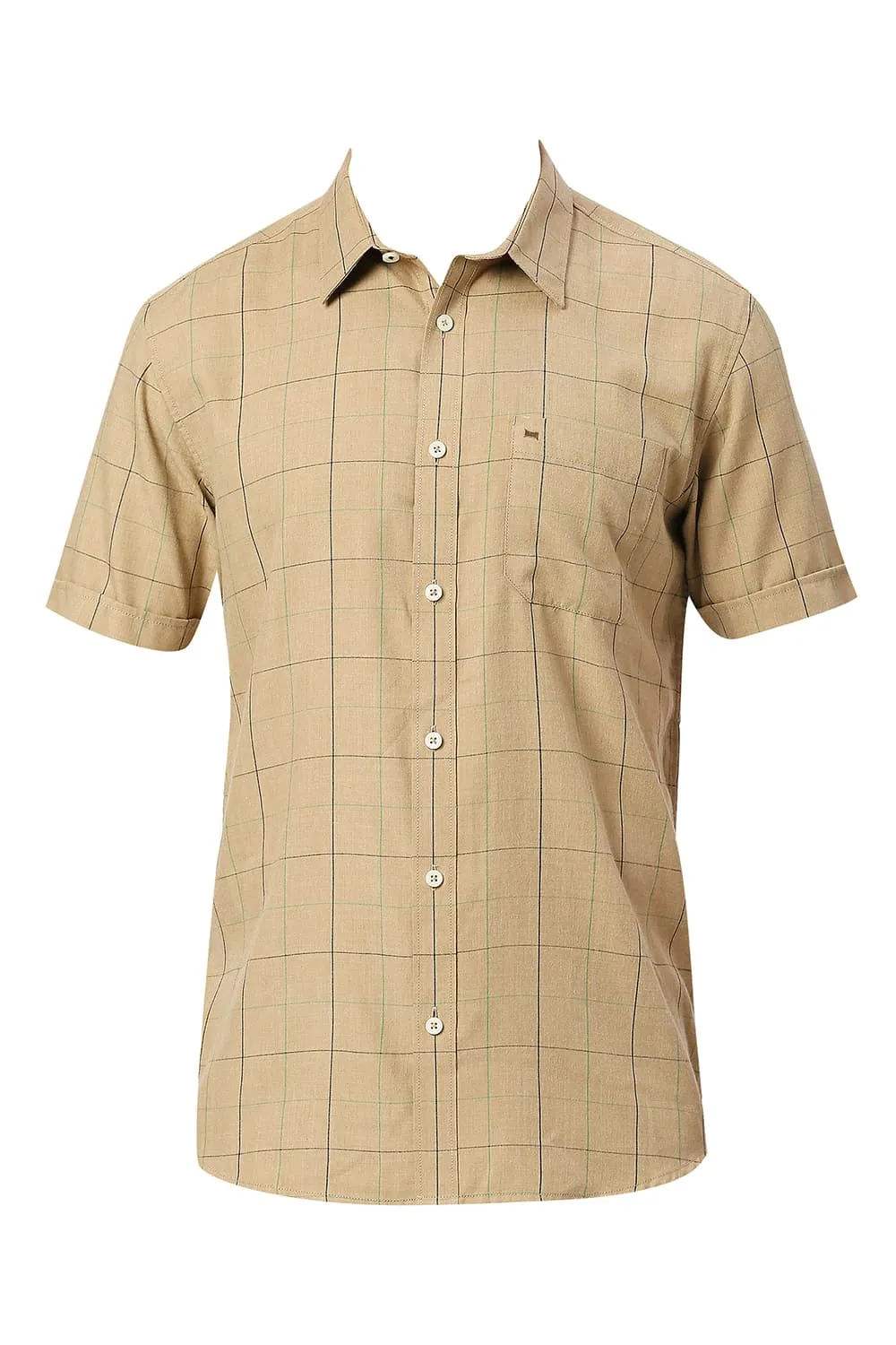 Slim Fit Polyester Viscose Melange Checks Halfsleeves Shirt