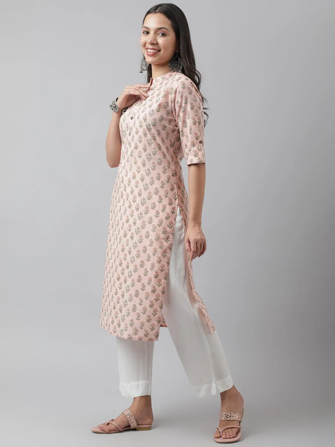 Soft Pink Floral Printed Straight Kurta