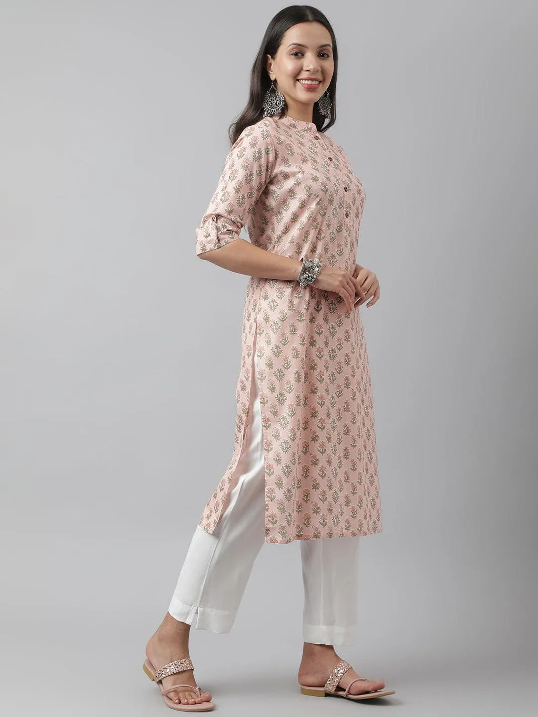 Soft Pink Floral Printed Straight Kurta