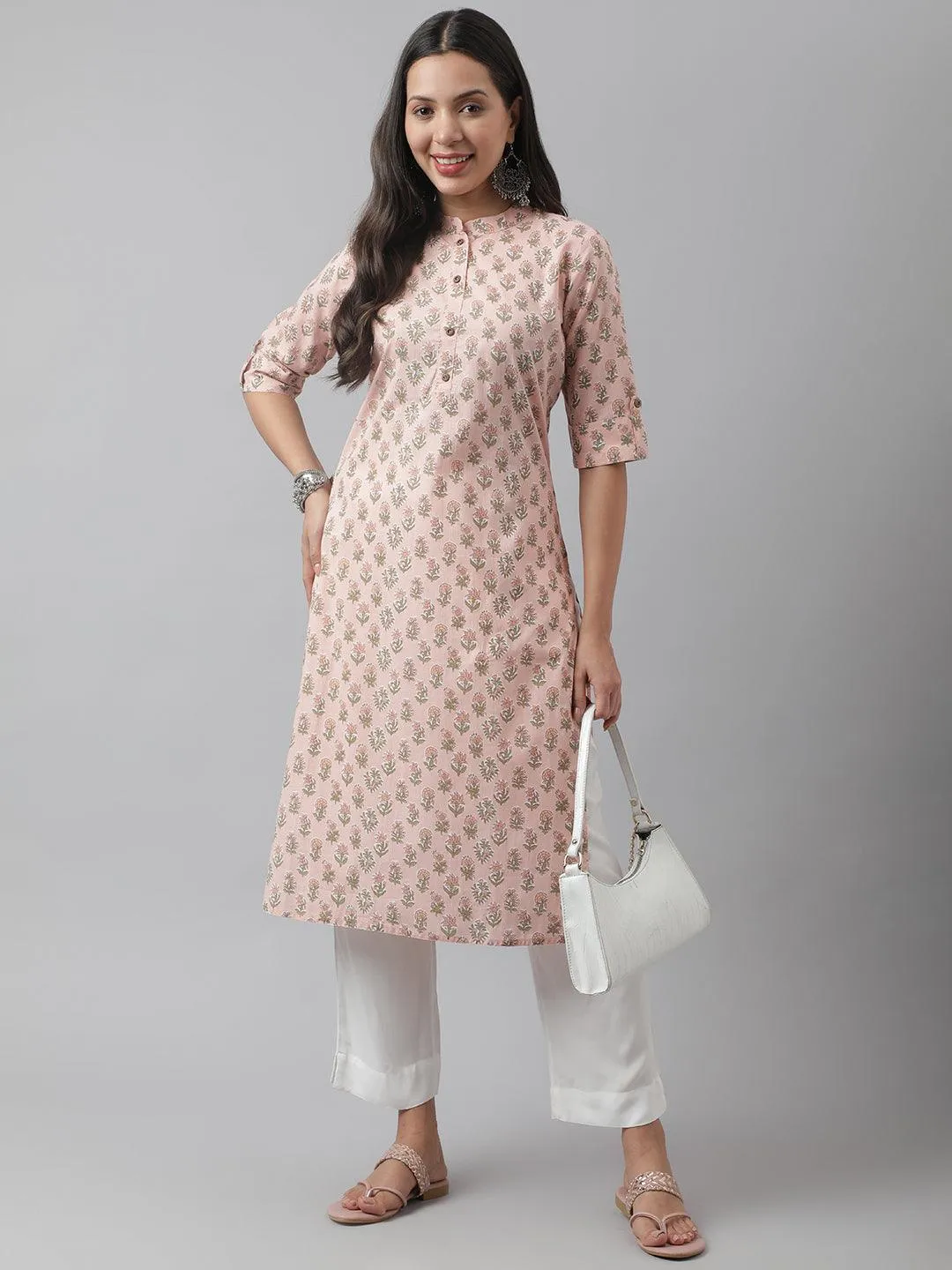 Soft Pink Floral Printed Straight Kurta