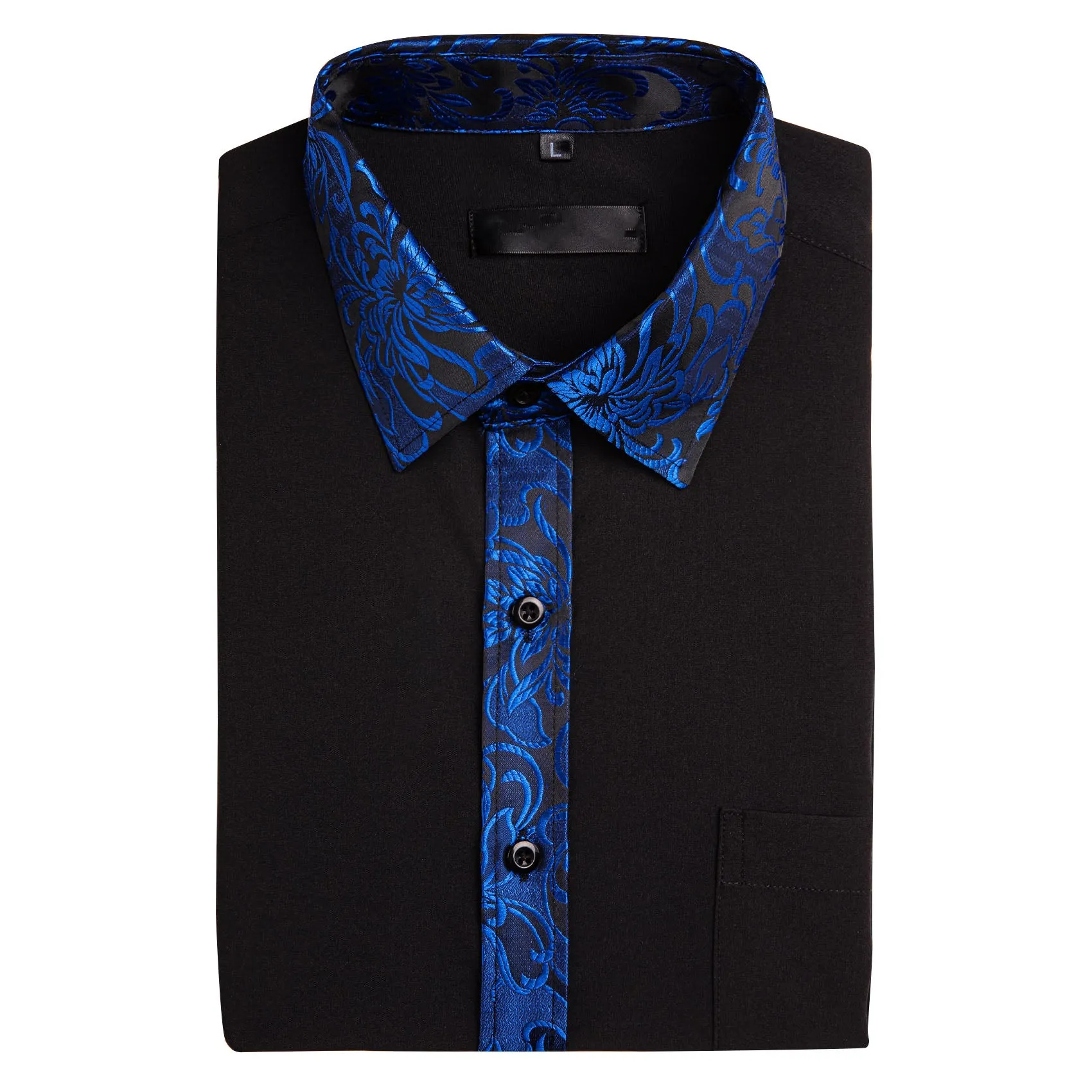 Splicing Style Black with Klein Blue Flower Edge Men's Long Sleeve Shirt