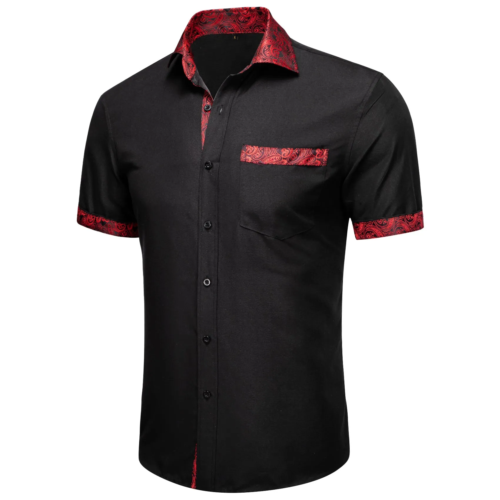 Splicing Style Black with Red Paisley Silk Men's Short Sleeve Shirt