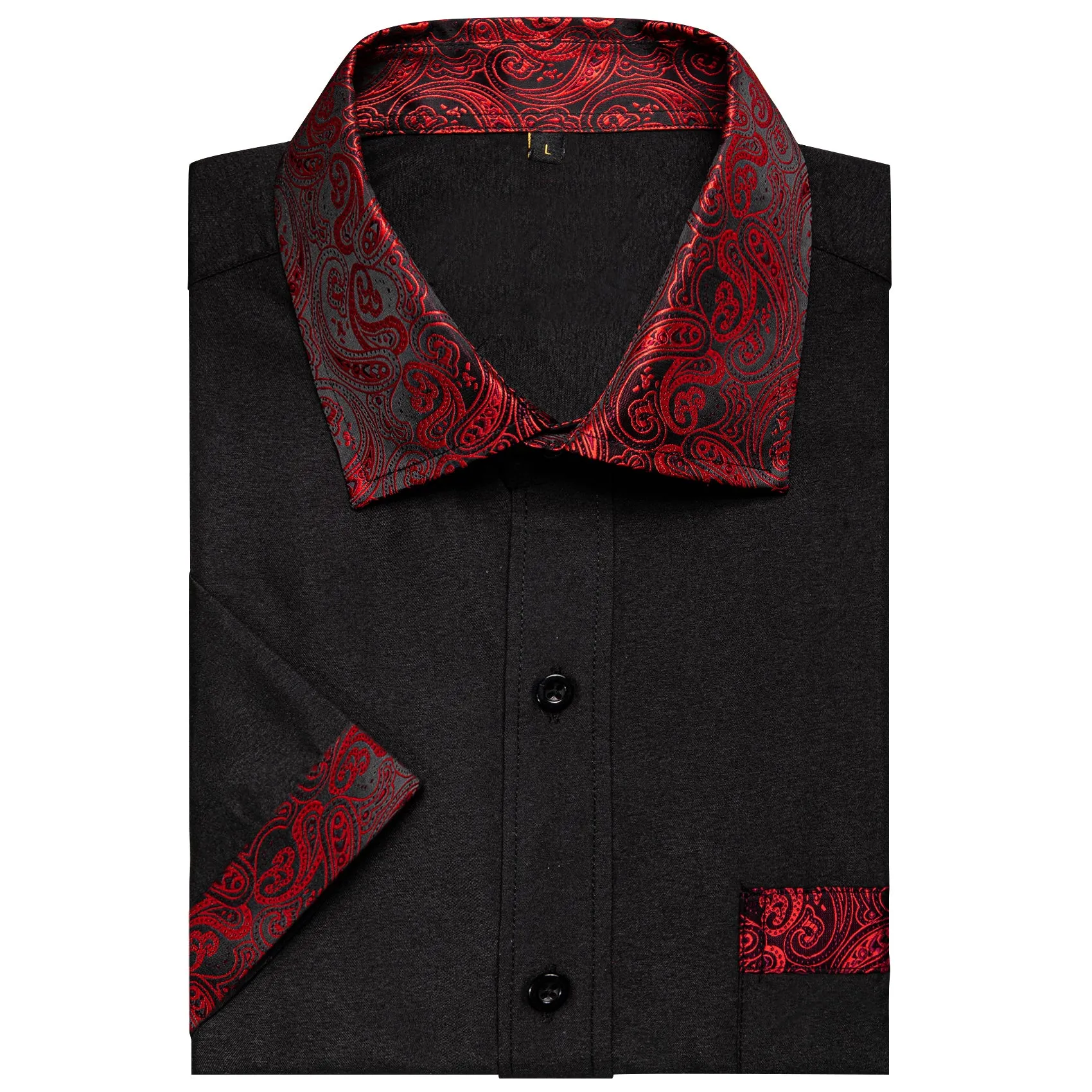 Splicing Style Black with Red Paisley Silk Men's Short Sleeve Shirt