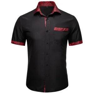 Splicing Style Black with Red Paisley Silk Men's Short Sleeve Shirt