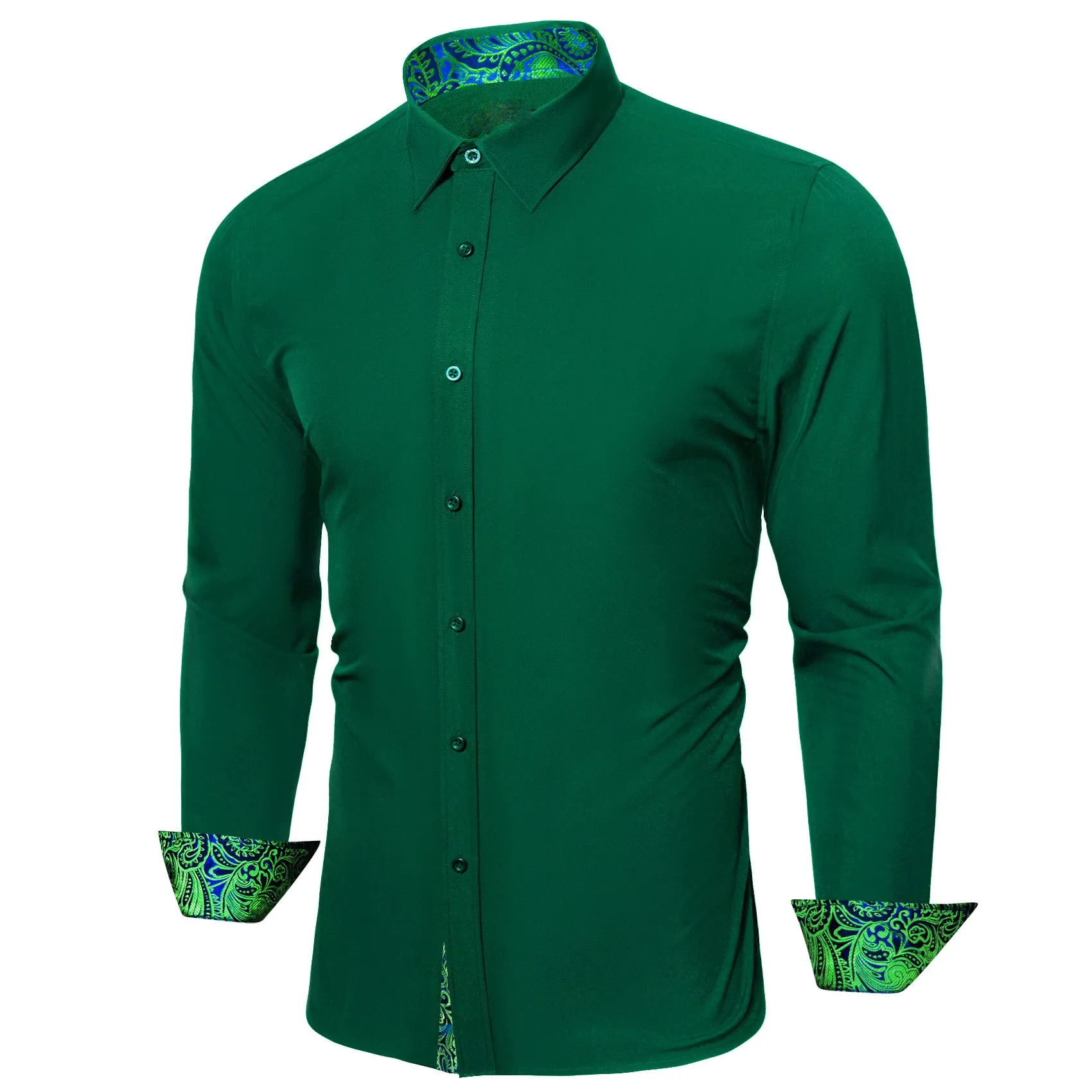 Splicing Style Dark Green with Blue Green Paisley Edge Men's Long Sleeve Shirt