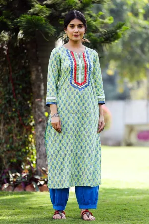 Straight Fit Hand Block Printed Kurta In Light Green Color