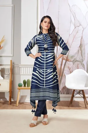 Teal Striped Printed Muslin Silk Kurta Pant Set