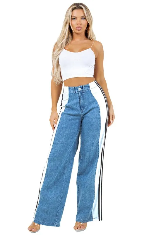 TEEK - BOLD STRIPE DOWN WIDE LEG DENIM PANTS