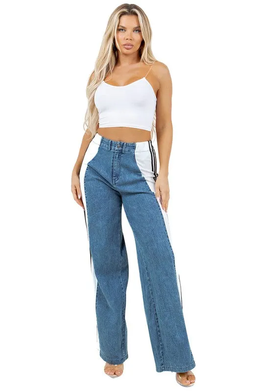 TEEK - BOLD STRIPE DOWN WIDE LEG DENIM PANTS