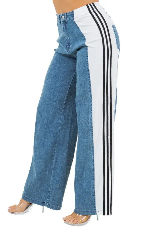 TEEK - BOLD STRIPE DOWN WIDE LEG DENIM PANTS