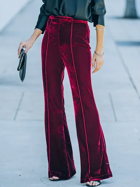 TEEK - Burgundy Velvet Slim-Fit Flared Pants