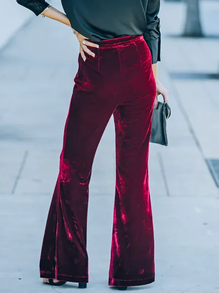 TEEK - Burgundy Velvet Slim-Fit Flared Pants