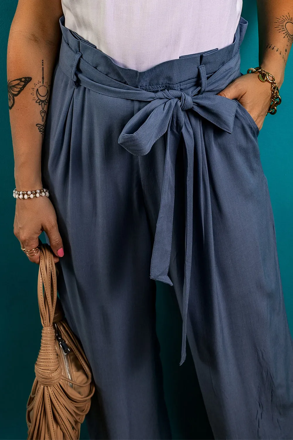 TEEK - Dusty Blue Tied Wide Leg Pocketed Pants