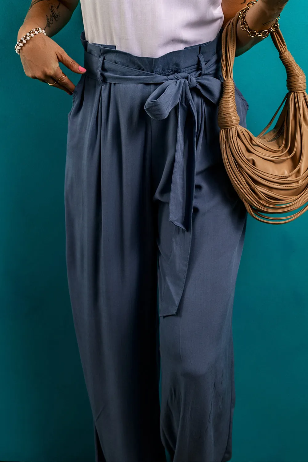 TEEK - Dusty Blue Tied Wide Leg Pocketed Pants