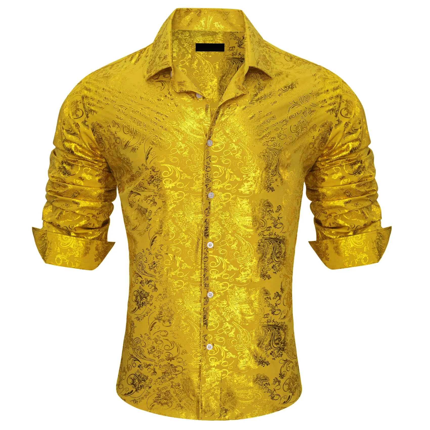 Ties2you Bronzing Shirt Men's Gold Yellow Jacquard Floral Silk Button Down Shirt