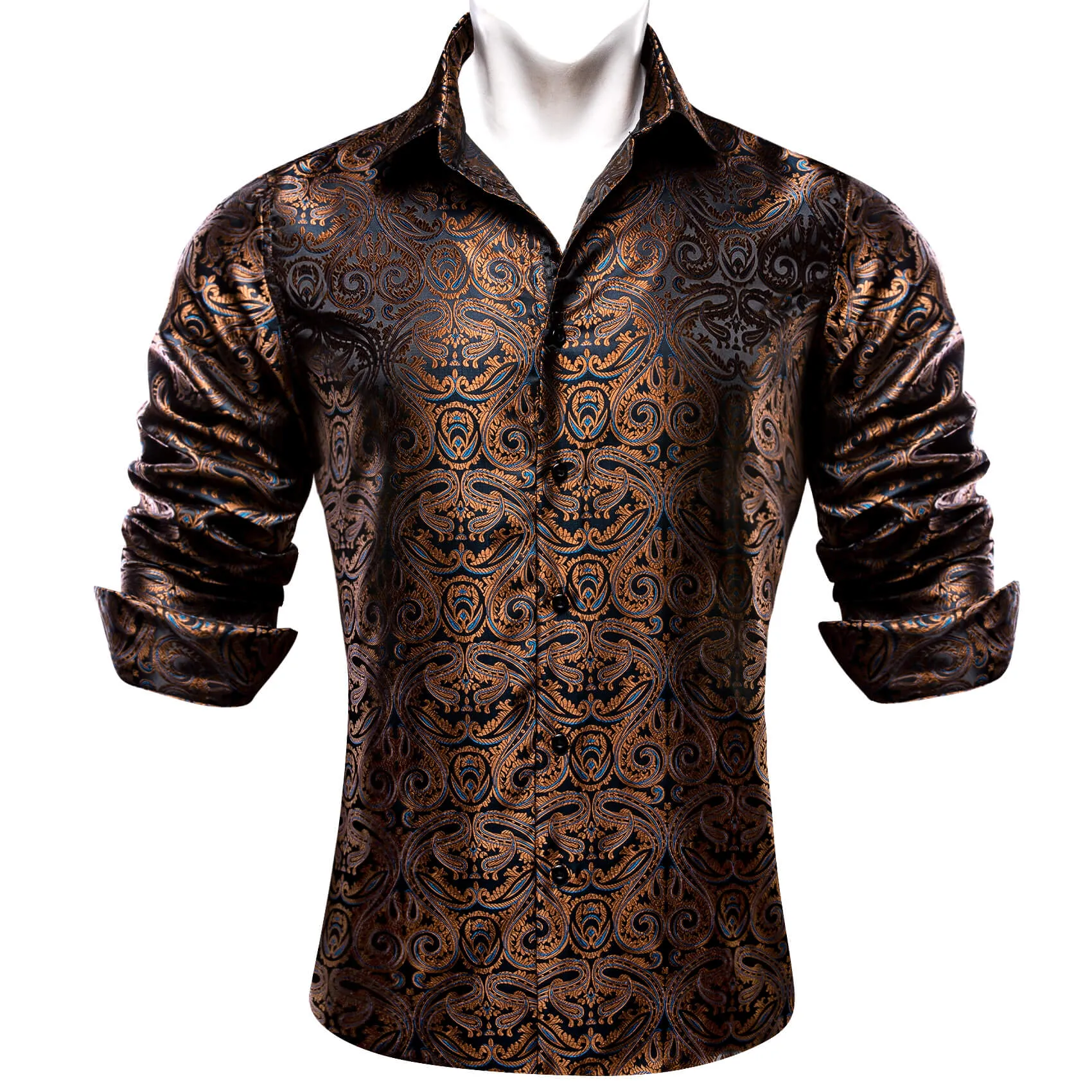 Ties2you Button Down Shirt Brown Blue Paisley Silk Men's Long Sleeve Shirt