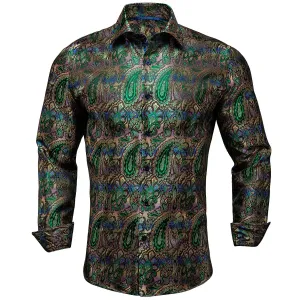 Ties2you Button Down Shirt Green Paisley Silk Men's Long Sleeve Shirt