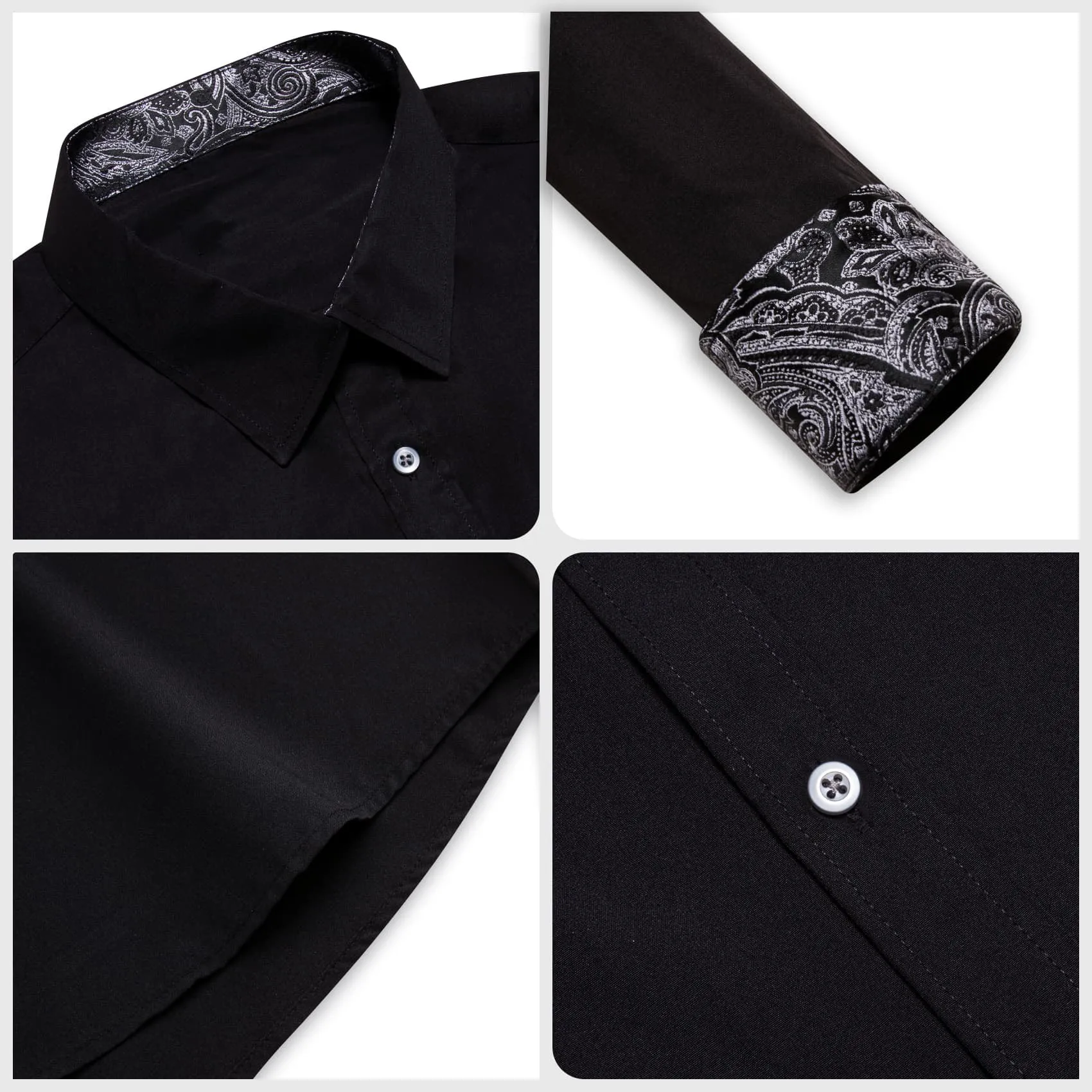 Ties2you Button Up Shirt Pure Black Splicing Silk Long Sleeve Mens Work Shirt