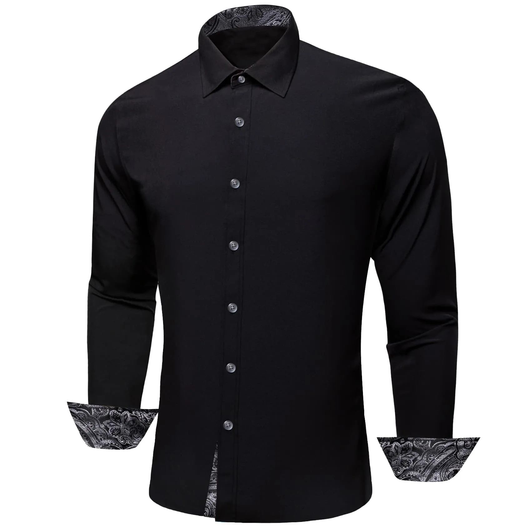 Ties2you Button Up Shirt Pure Black Splicing Silk Long Sleeve Mens Work Shirt