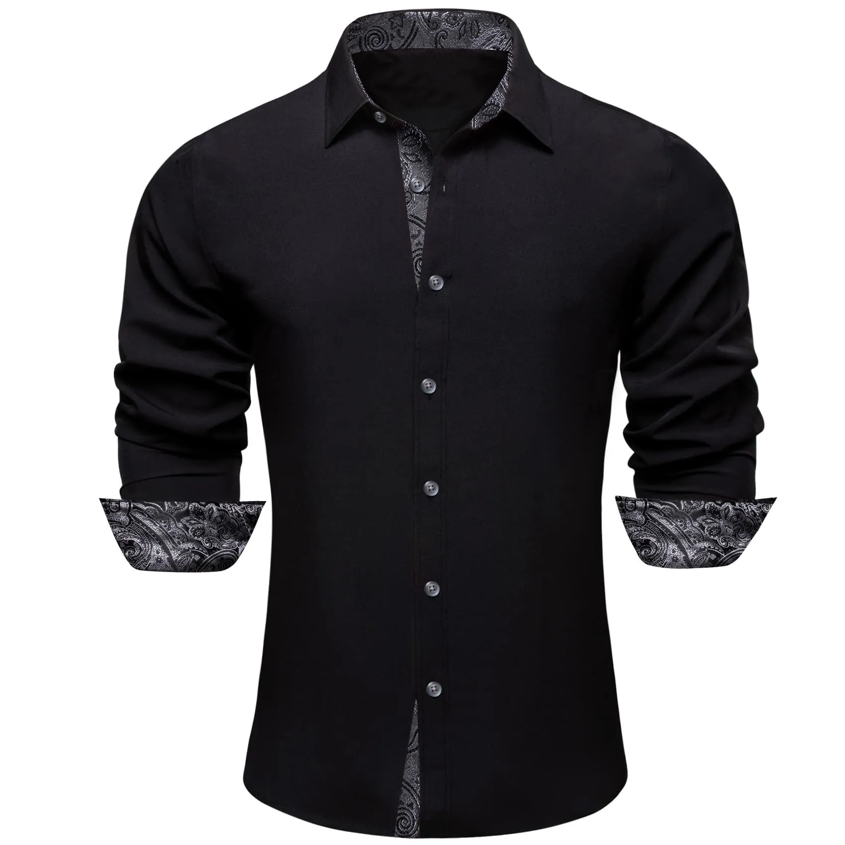 Ties2you Button Up Shirt Pure Black Splicing Silk Long Sleeve Mens Work Shirt