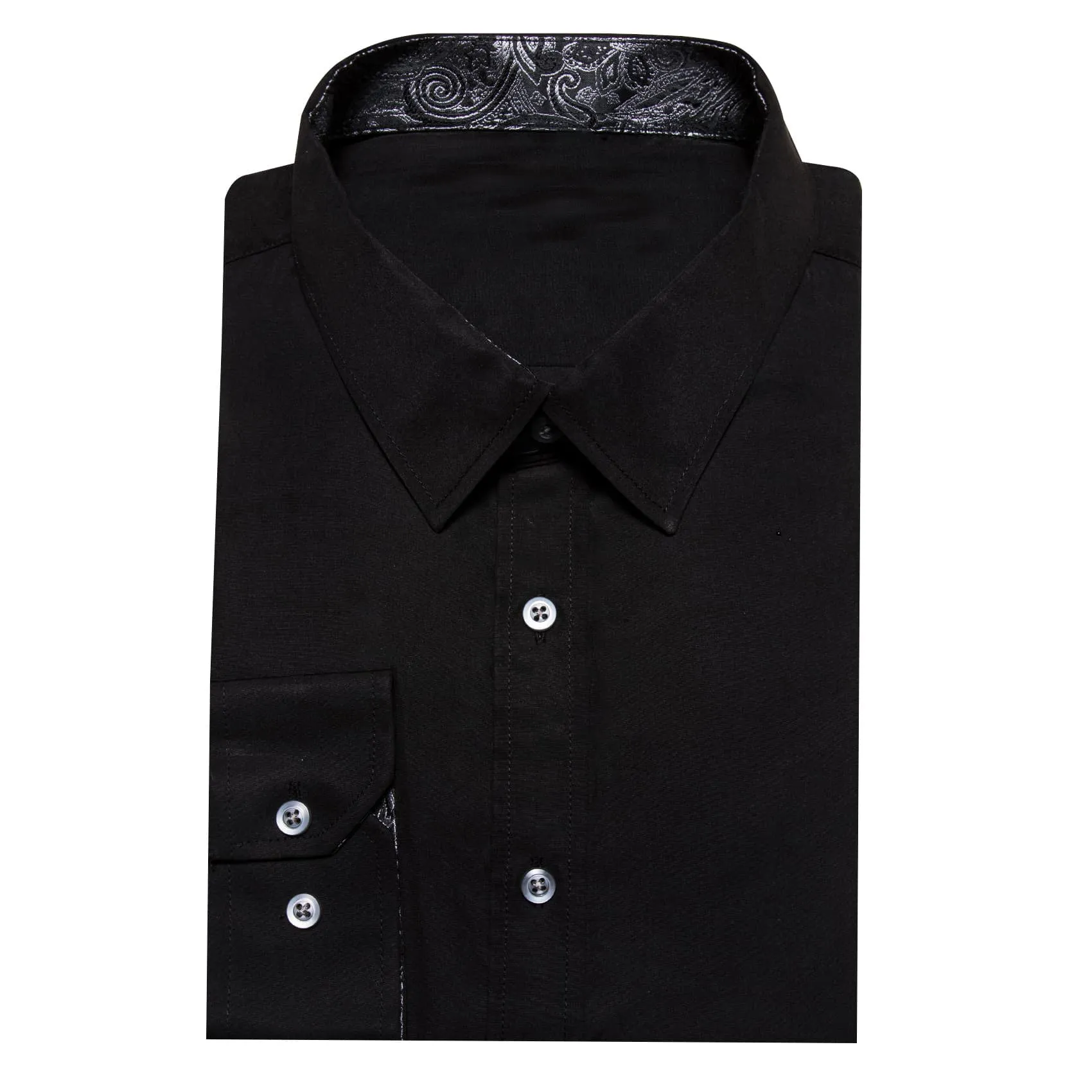 Ties2you Button Up Shirt Pure Black Splicing Silk Long Sleeve Mens Work Shirt