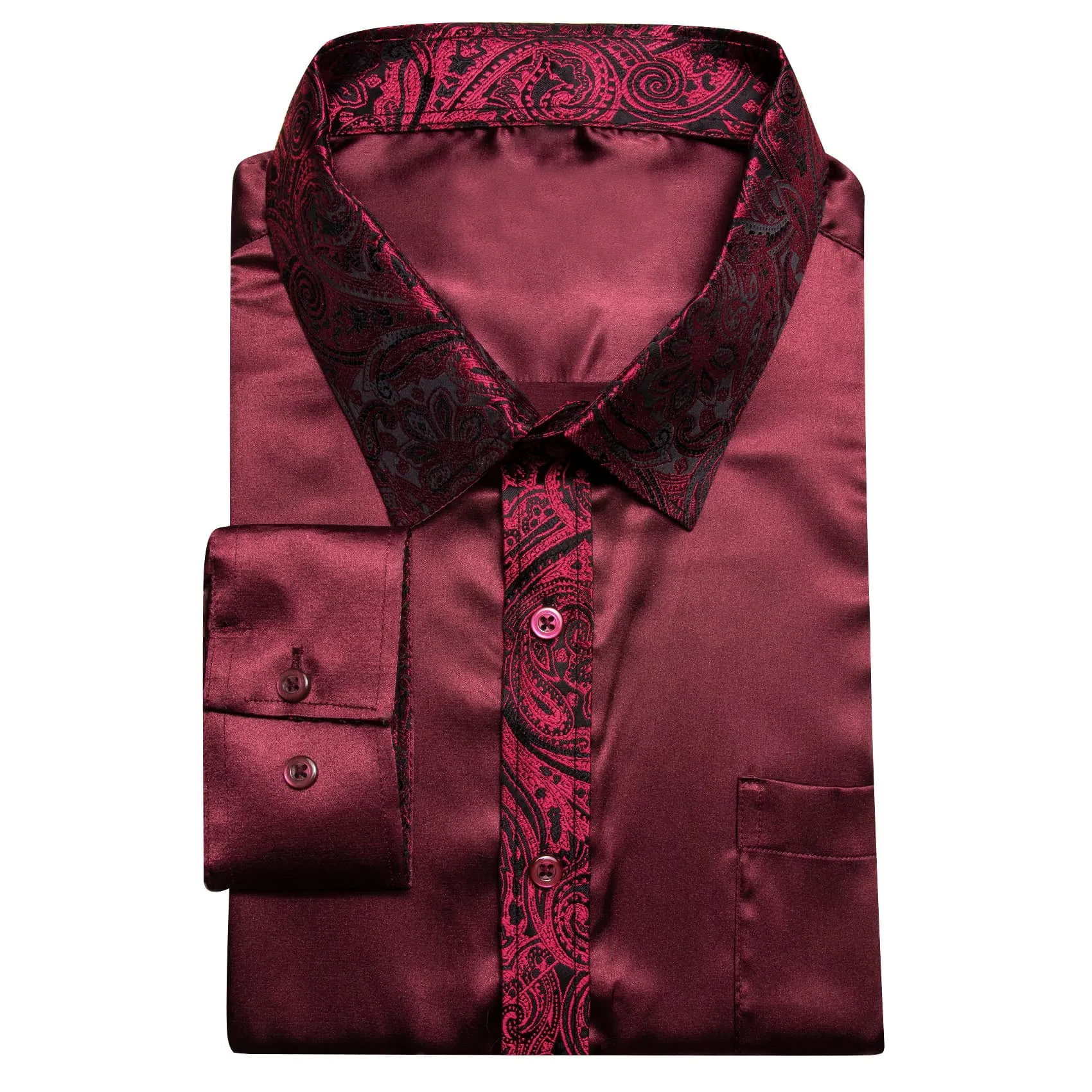 Ties2you Dress Shirt Burgundy Solid Splicing Paisley Button Down Long Sleeve Shirts for Men