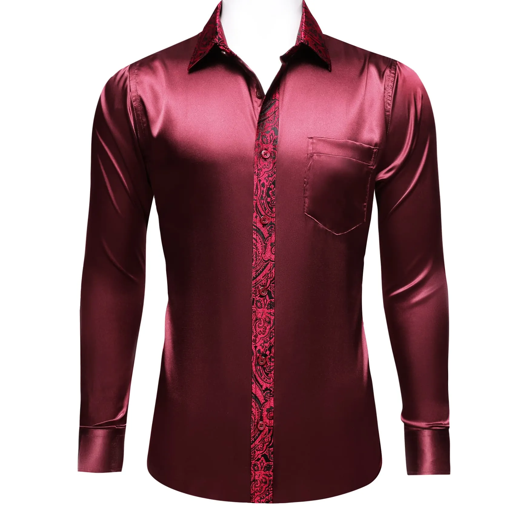 Ties2you Dress Shirt Burgundy Solid Splicing Paisley Button Down Long Sleeve Shirts for Men