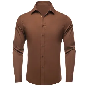 Ties2you Men's Shirt Saddle Brown Solid Silk Long Sleeve Shirt