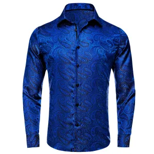 Ties2you Shirt for Men Cobalt Blue Jacquard Woven Paisley Silk Shirt