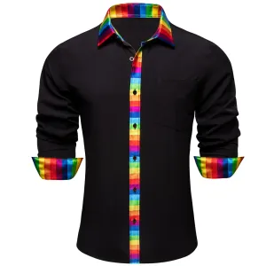 Ties2you Work Shirt Black Colorful Splicing Long Sleeve Silk Mens Button Up Shirt