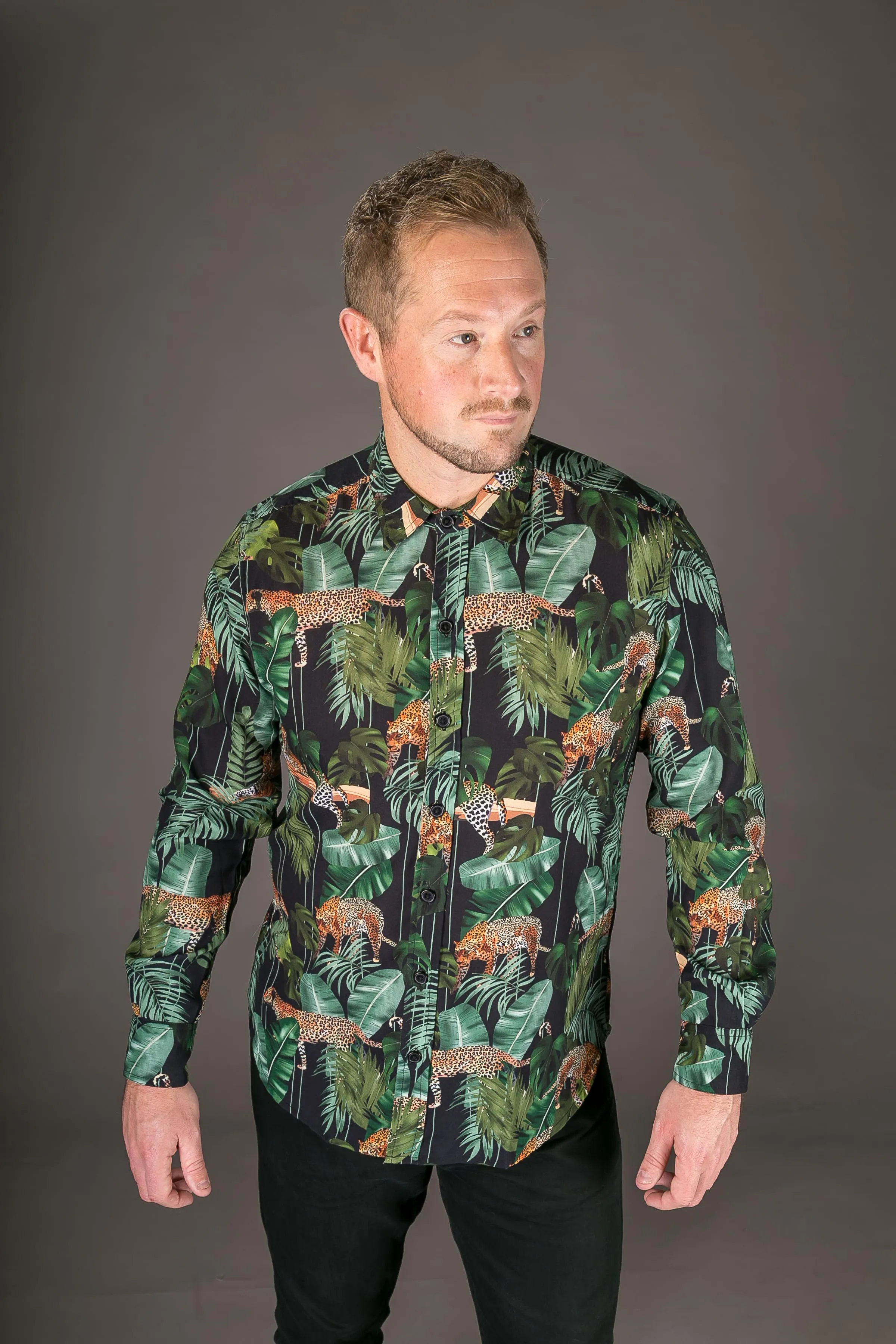 Tiger Floral Black Print Cotton Slim Fit Mens Shirt Long Sleeve