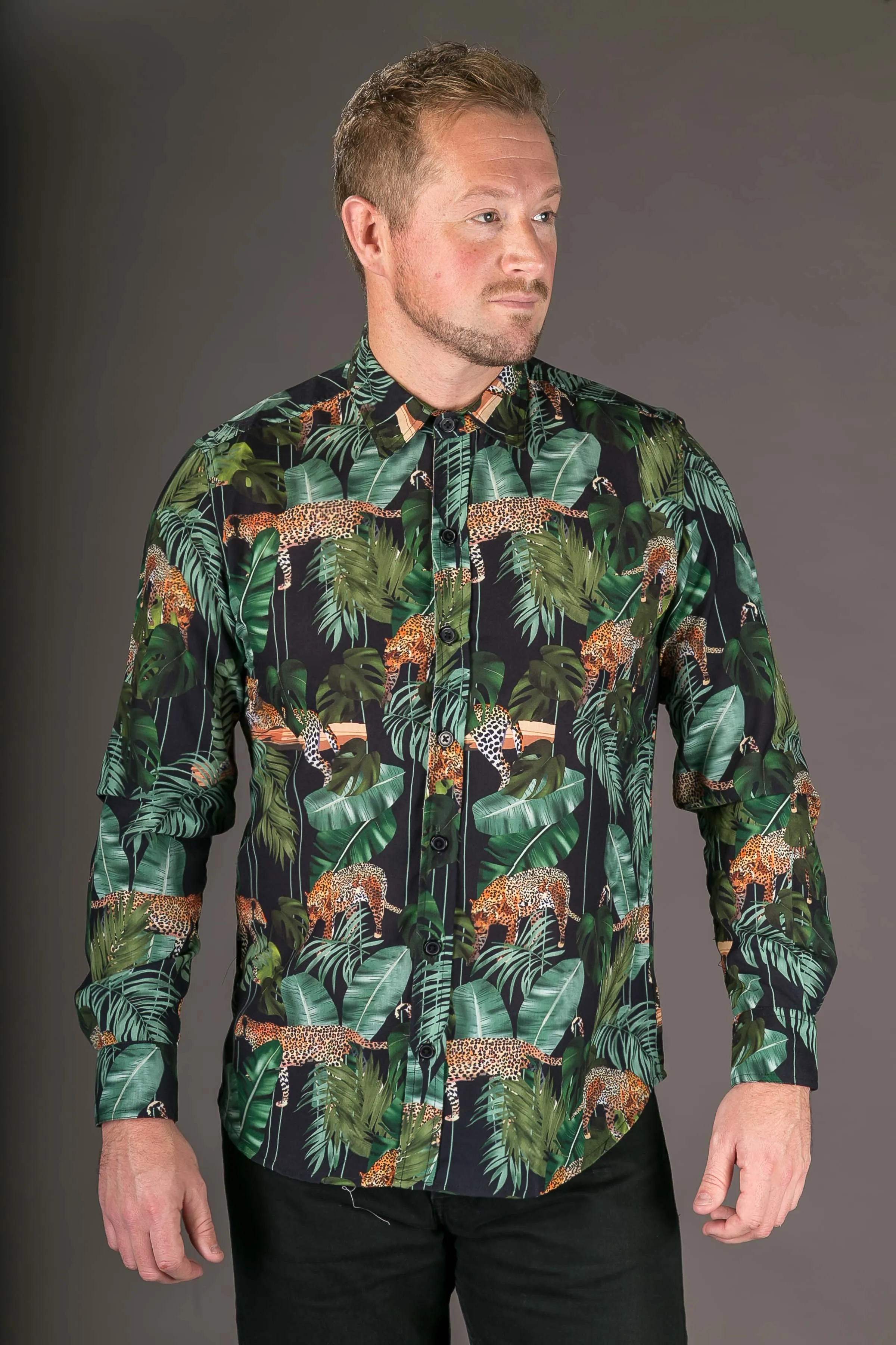 Tiger Floral Black Print Cotton Slim Fit Mens Shirt Long Sleeve