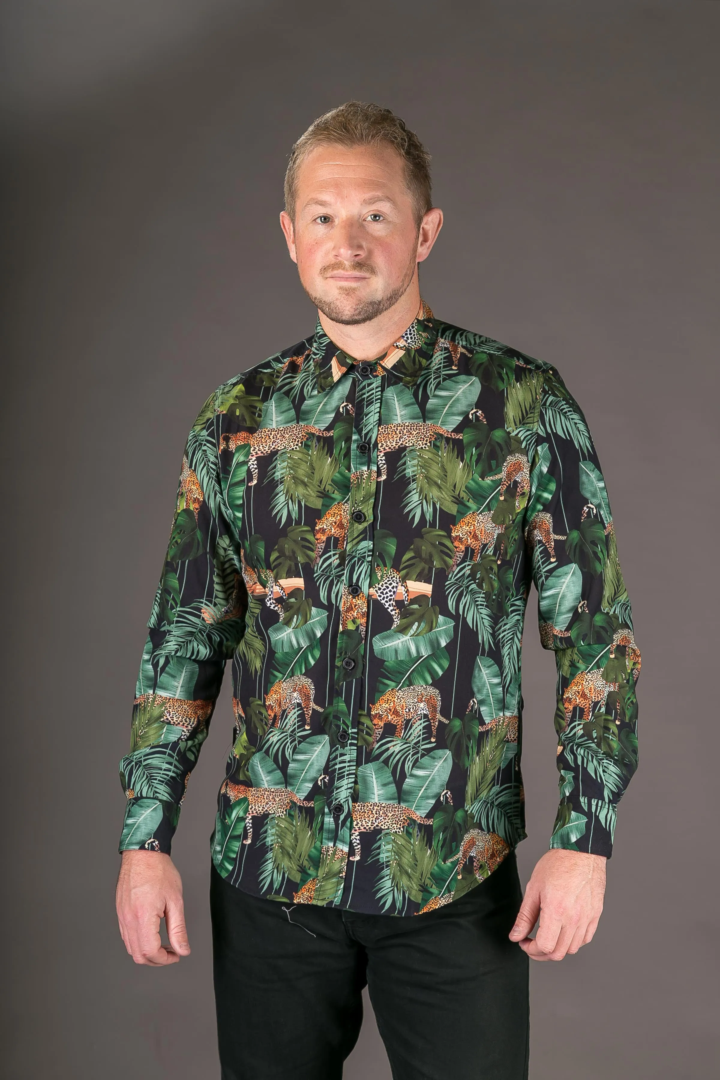 Tiger Floral Black Print Cotton Slim Fit Mens Shirt Long Sleeve