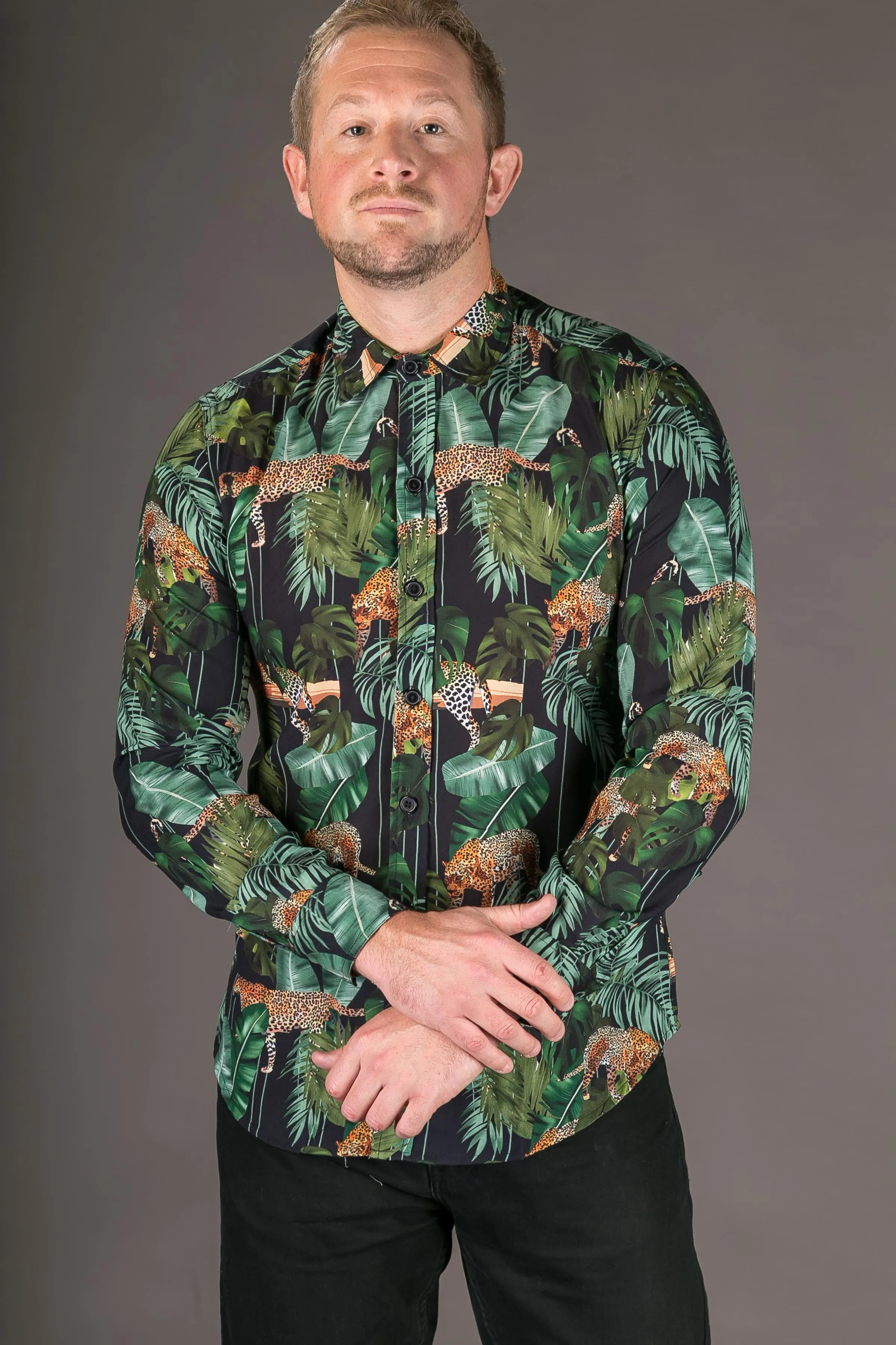 Tiger Floral Black Print Cotton Slim Fit Mens Shirt Long Sleeve