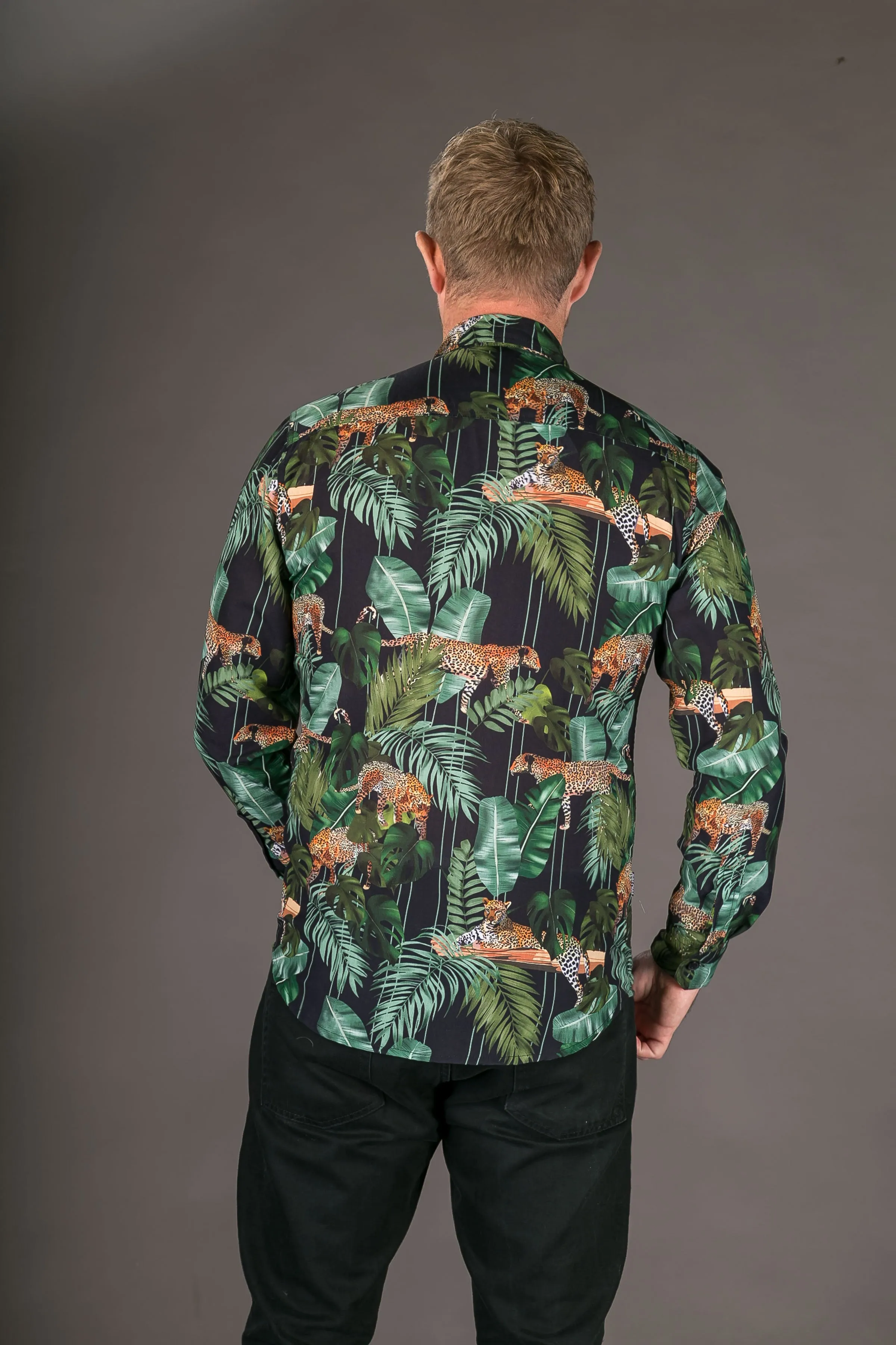 Tiger Floral Black Print Cotton Slim Fit Mens Shirt Long Sleeve