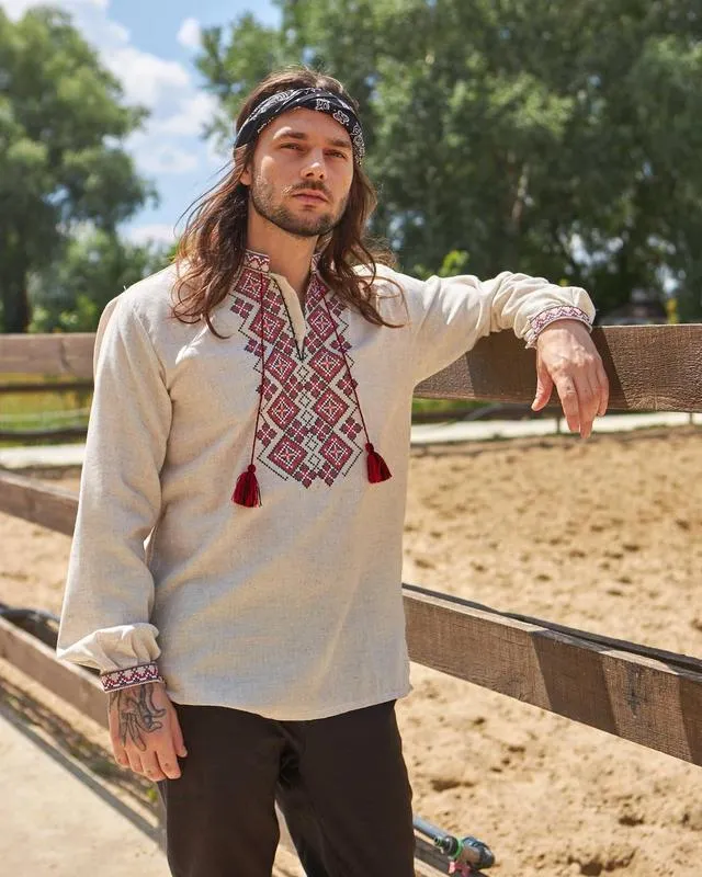 Vyshyvanka mens with a geometric ornament made of linen