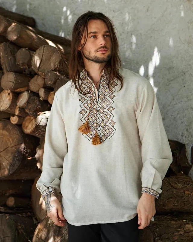 Vyshyvanka mens with a geometric ornament made of linen