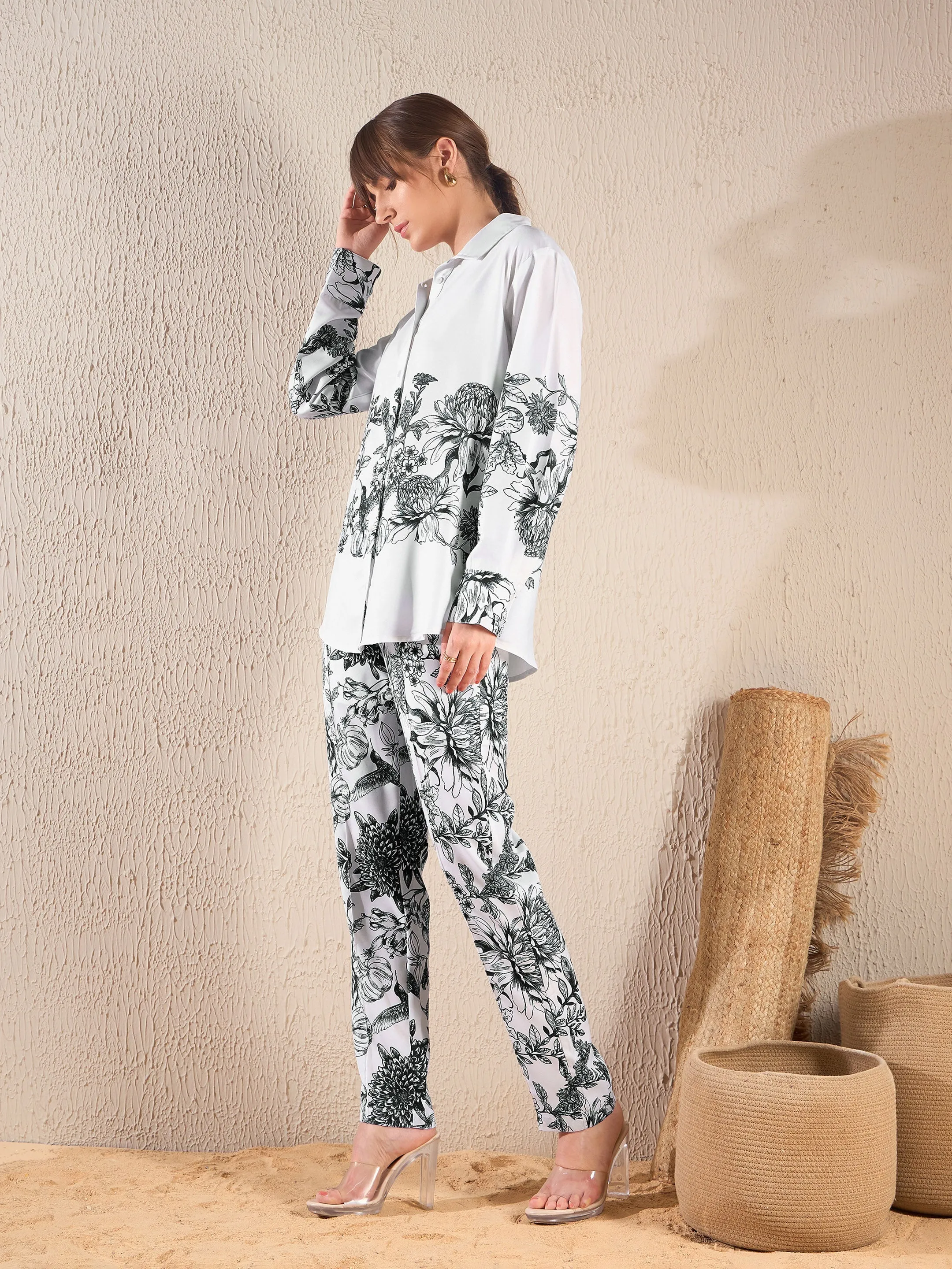 Women Black Floral Oversized Shirt With Tapered Pants