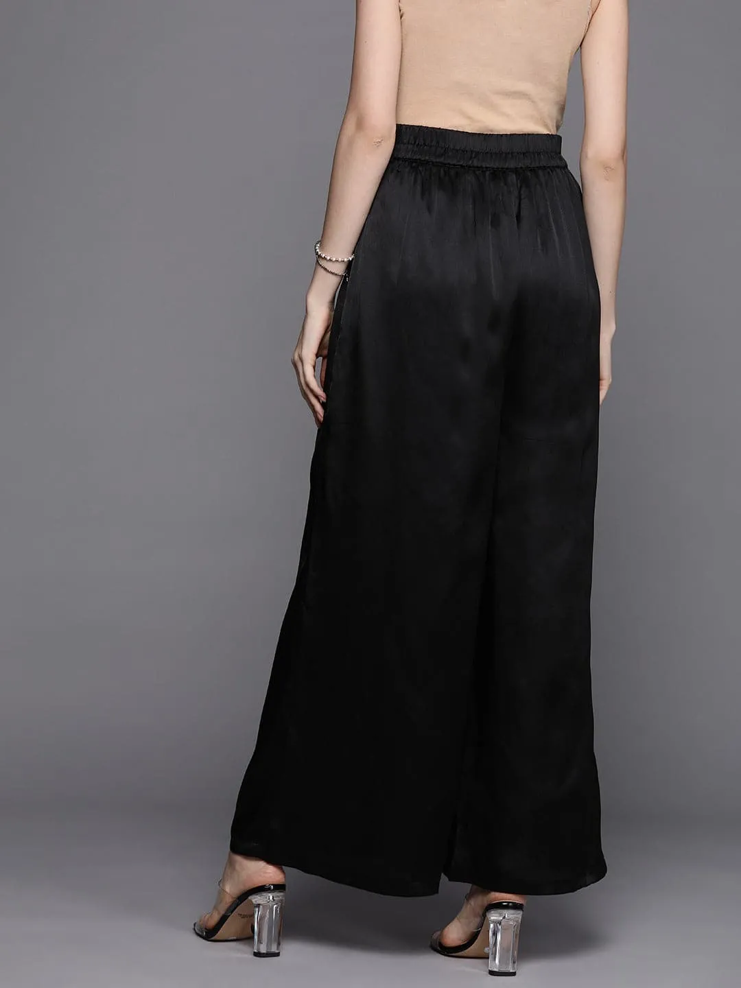 Women Black Satin Pleated Wide Leg Pants