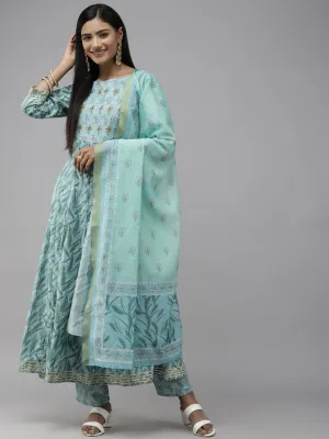 Women Blue Print Pure Cotton Kurta With Trousers & Dupatta Set