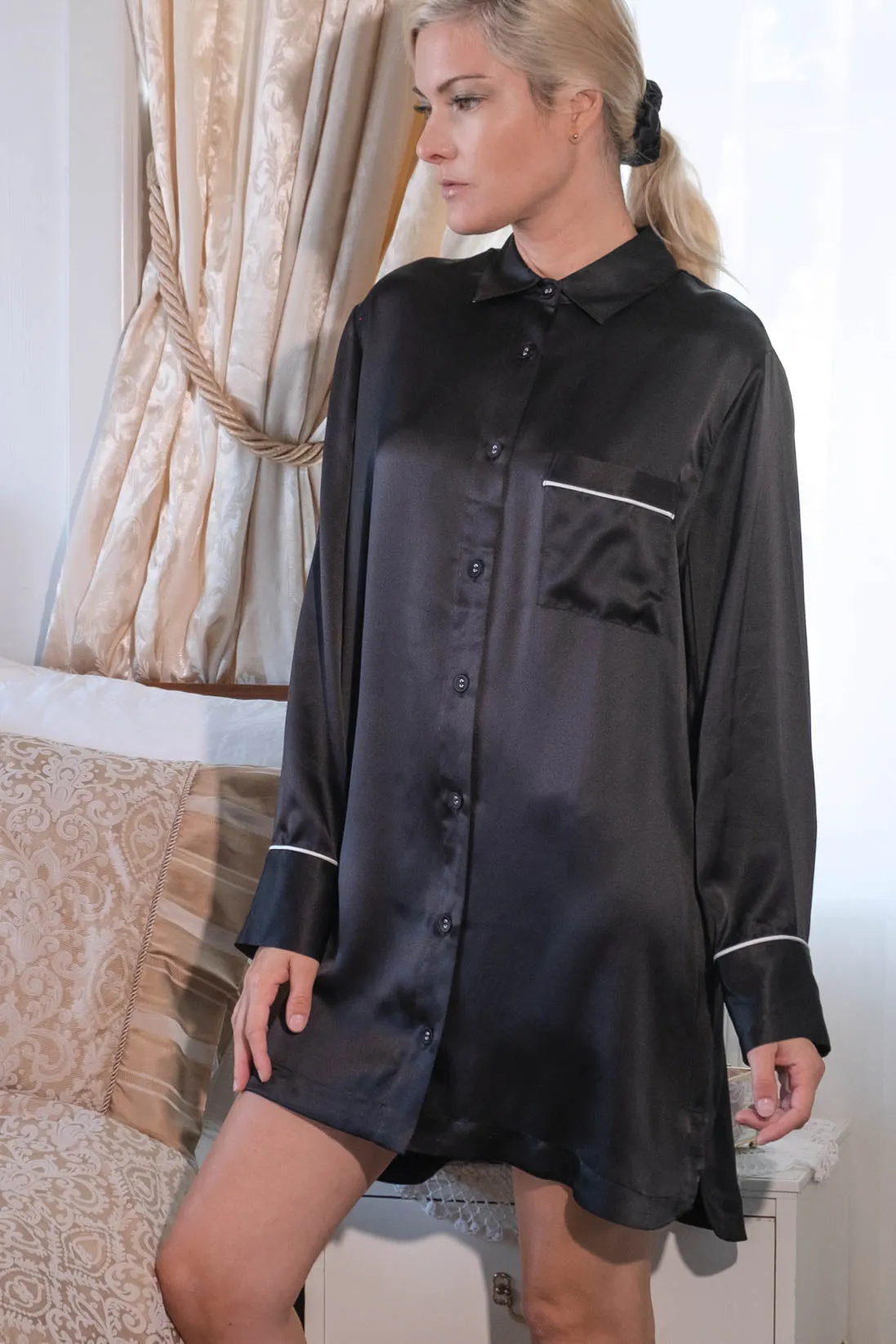 Women Classical Lightweight Mulberry Silk Sleep Shirt Loungewear Sleep Dress  - Black